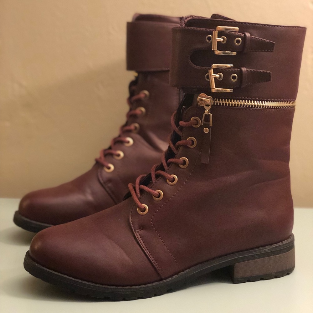 Burgundy combat military boots w/ gold accents
